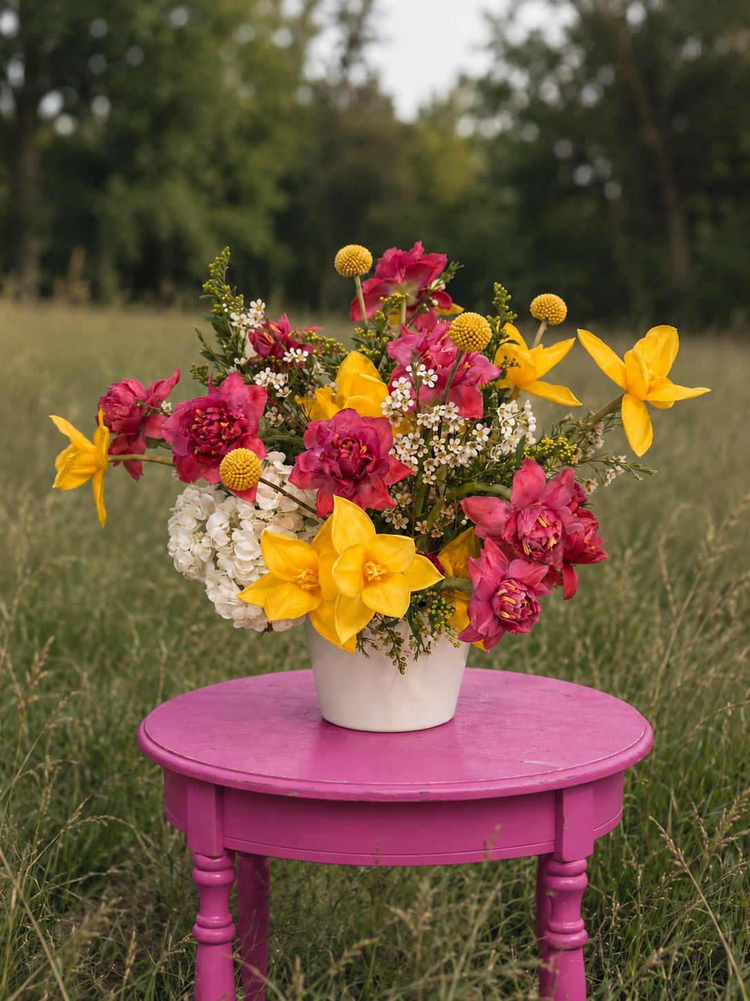 A magenta and yellow arrangement with cosmos and craspedia in a white pot on a pink table