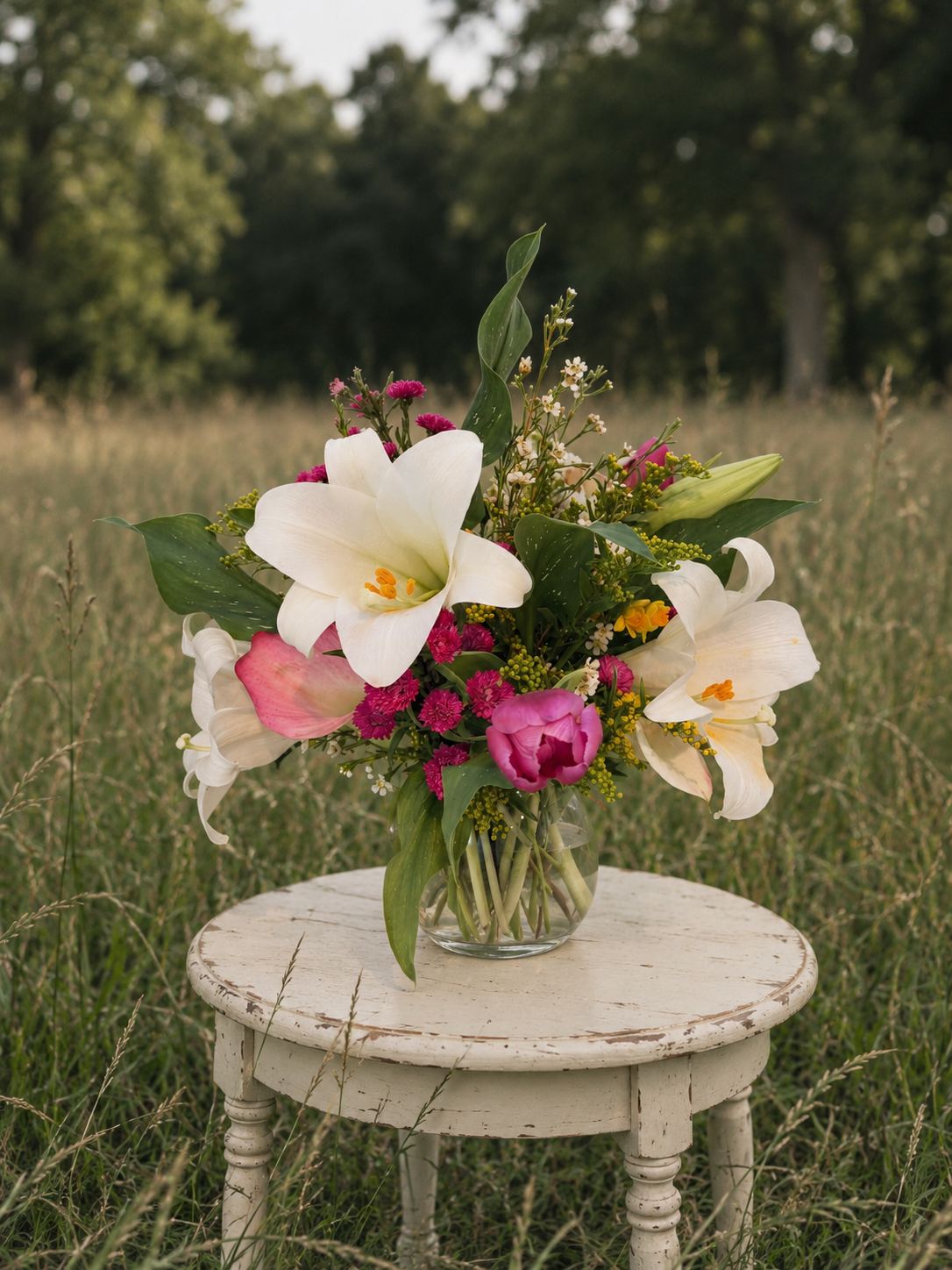 White lilies and pink blooms in a glass vase on a cream table in a meadow