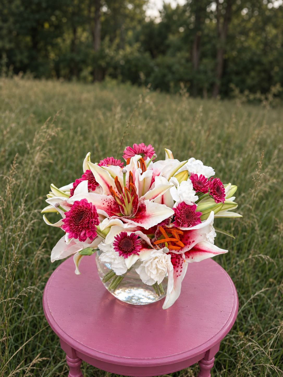 Stargazer lilies and magenta gerbera in a glass bubble bowl on a pink table