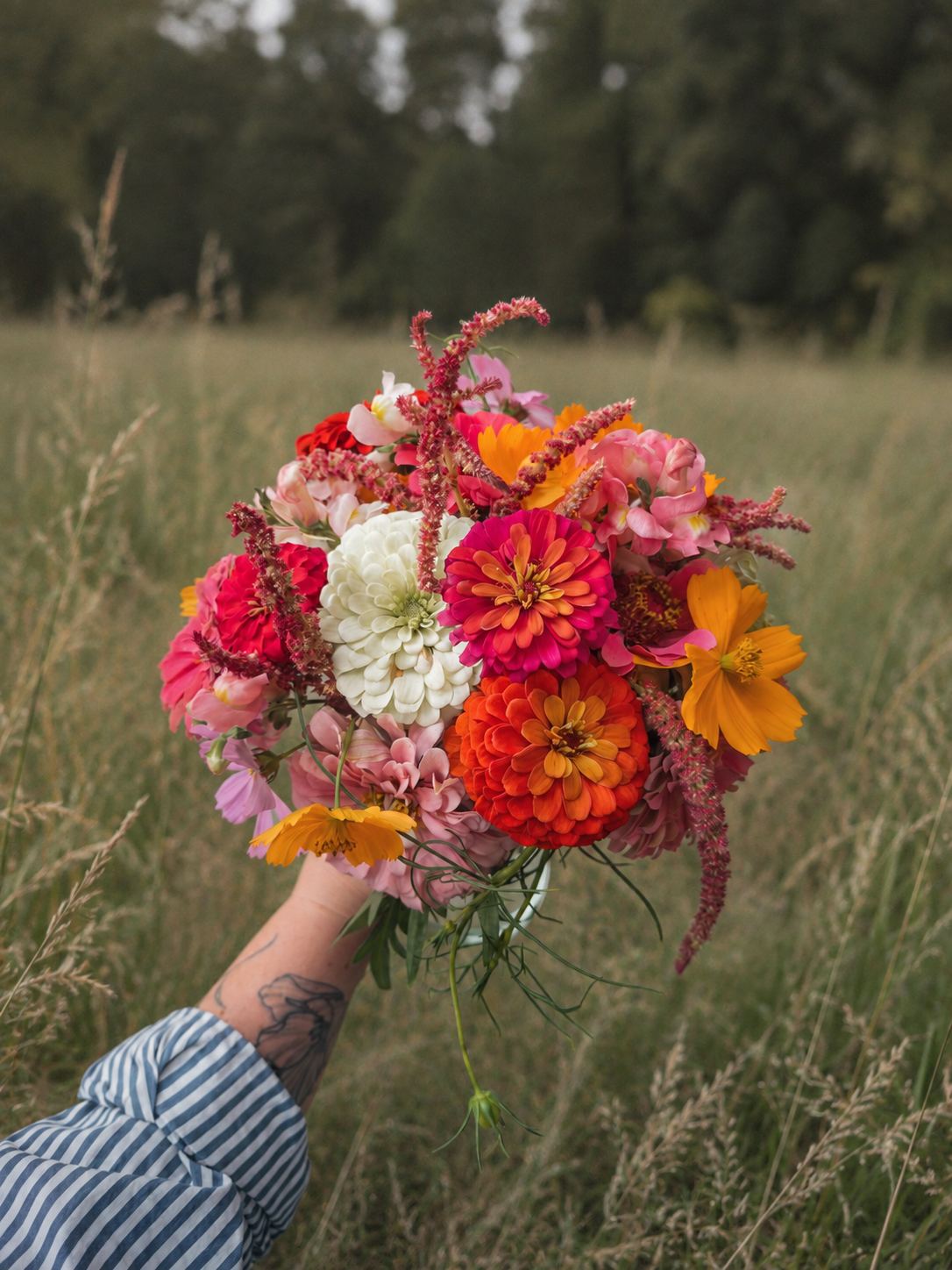 A dense bouquet of zinnias, cosmos and dahlias in red, pink and coral
