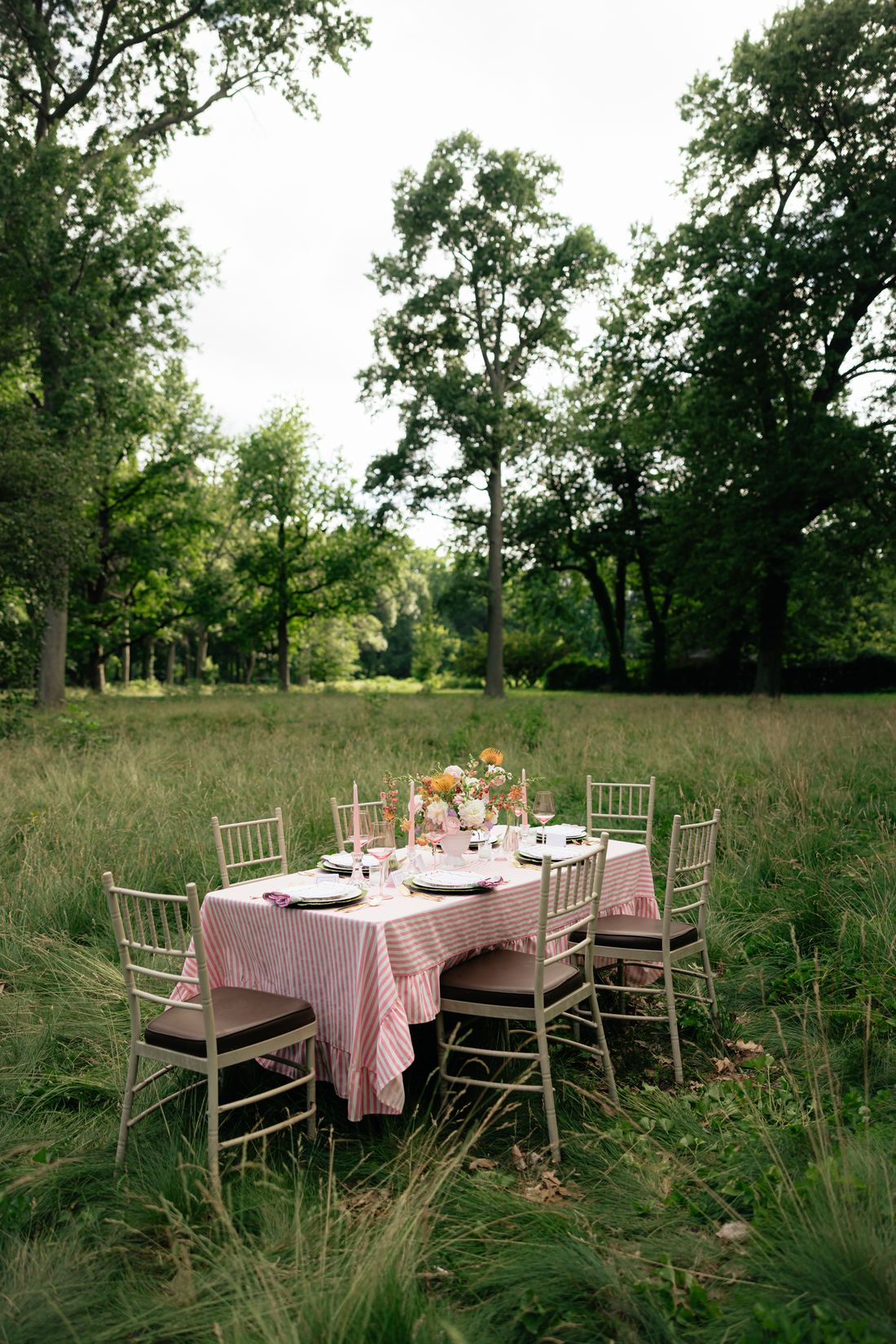 A pink-draped table and chairs set alone in tall meadow grass